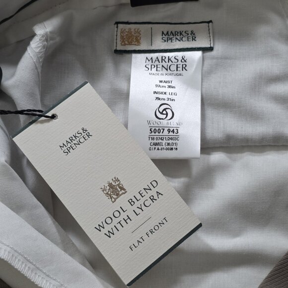 Marks Spencer Pants Mens 38 x 31 Beige Zip Wool Blend Pockets Classic Trousers - Picture 3 of 16
